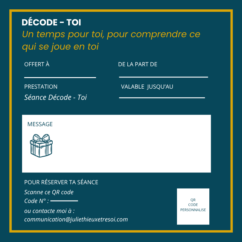Carte cadeau Décode - Toi, verso : prénom, message personnalisé, date de validité et QR code de réservation